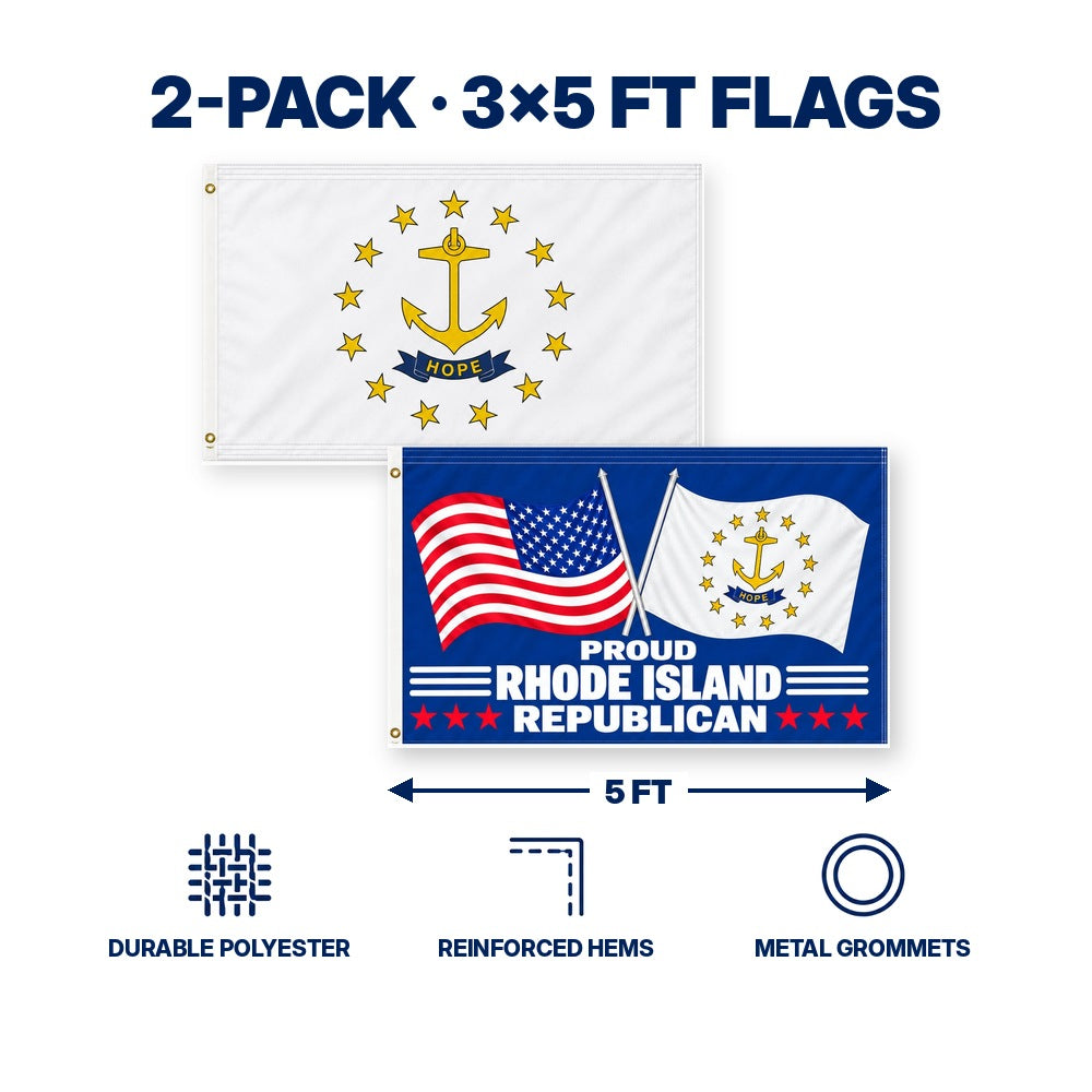 Rhode Island State Flag and Proud Rhode Island Republican Flag 3x5 2-Pack features and size details