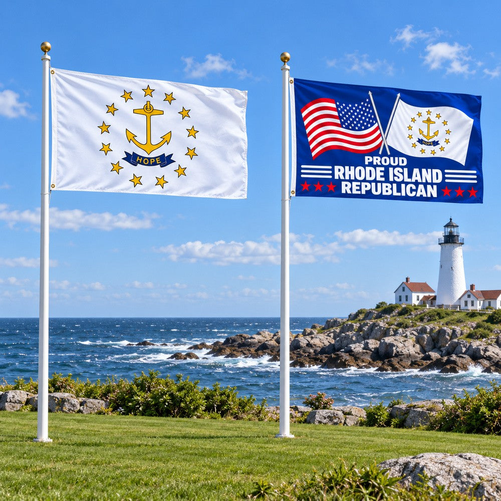 Rhode Island State Flag and Proud Rhode Island Republican Flag 3x5 2-Pack displayed outdoors