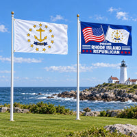 Rhode Island State Flag and Proud Rhode Island Republican Flag 3x5 2-Pack displayed outdoors