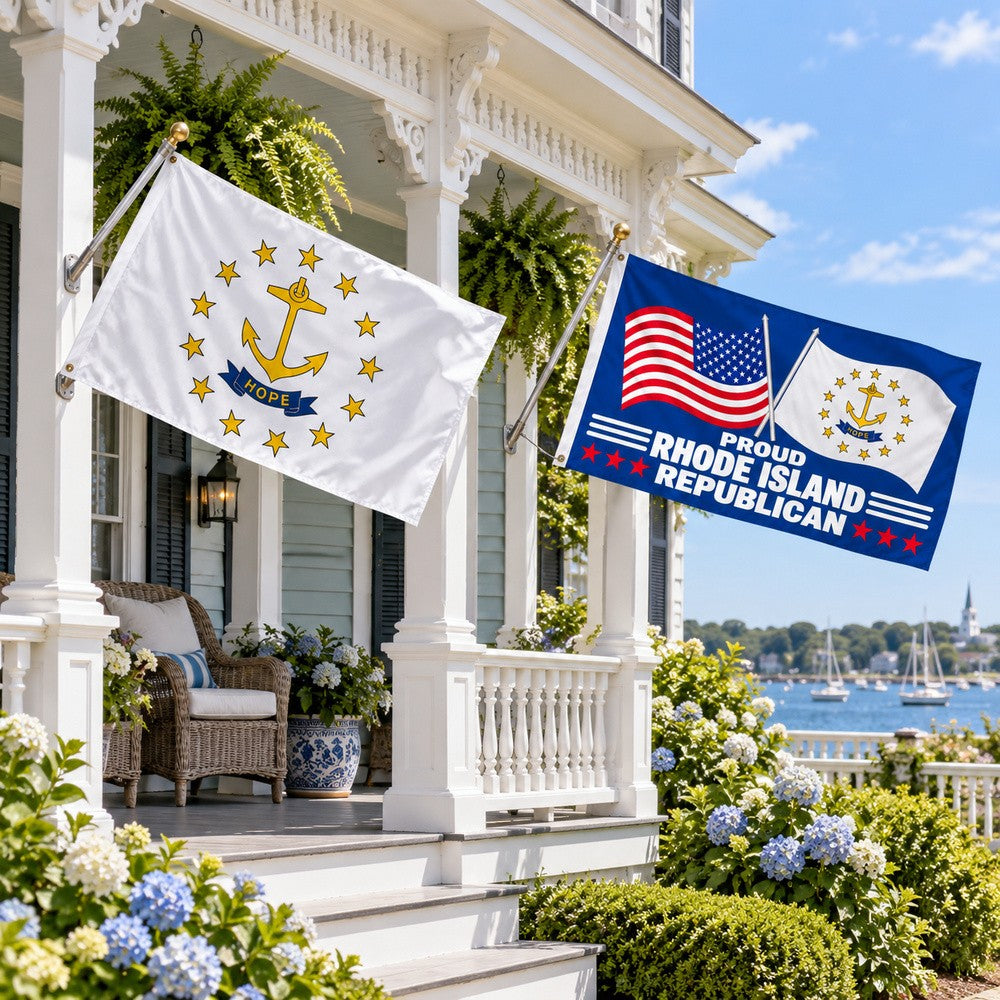 Rhode Island State Flag and Proud Rhode Island Republican Flag 3x5 2-Pack displayed outdoors
