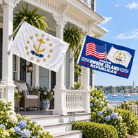 Rhode Island State Flag and Proud Rhode Island Republican Flag 3x5 2-Pack displayed outdoors