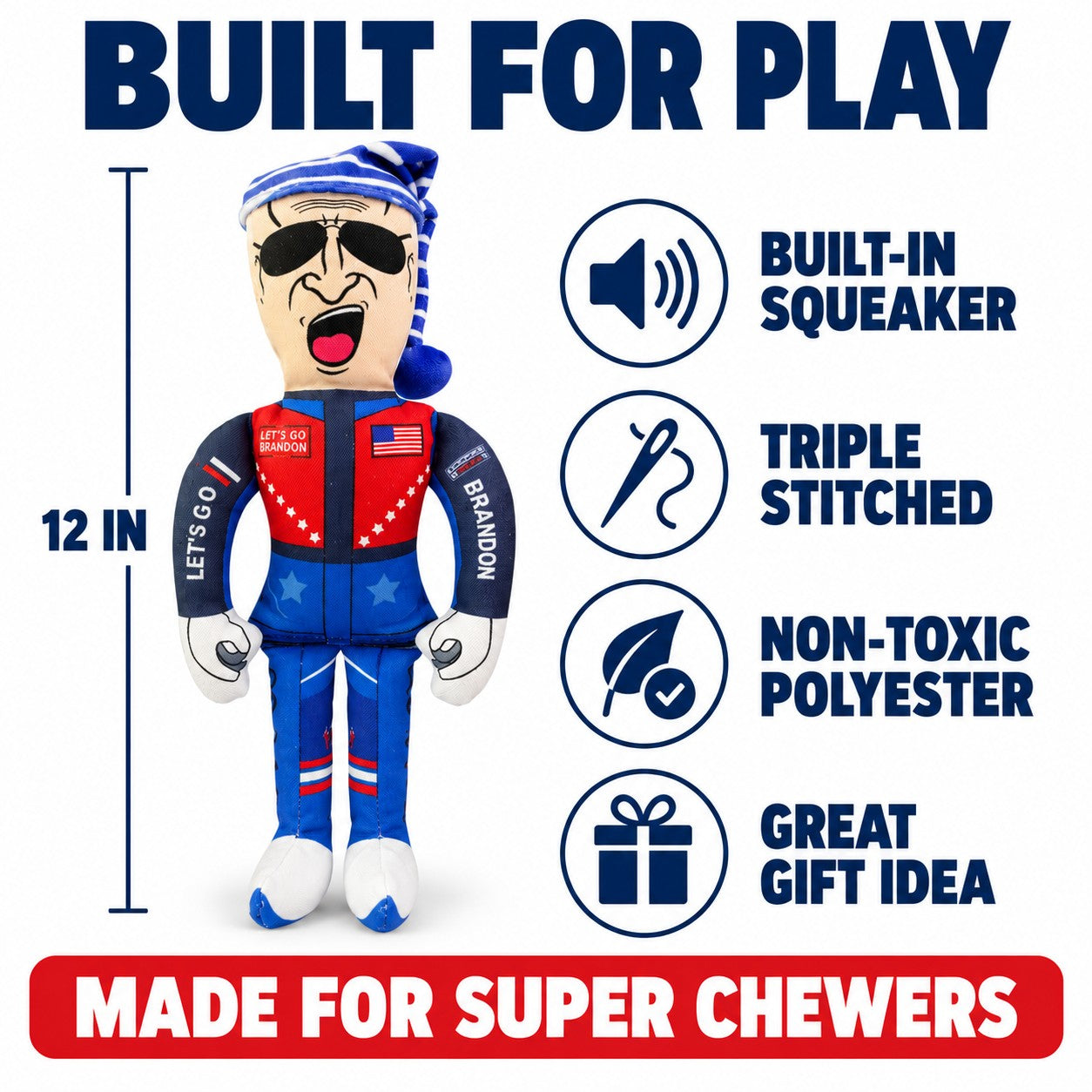 Built for play: 12 inch plush toys with squeakers and triple stitching