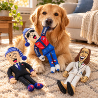 Golden retriever with the Sleepy Joe, Let's Go Brandon and Kamala dog chew toys