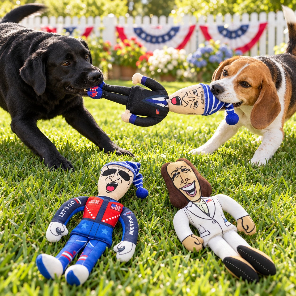 Two dogs playing tug-of-war with the Biden and Kamala plush chew toys