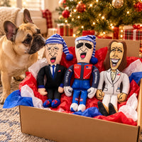 French bulldog with the 3-pack of political dog chew toys in a Christmas gift box
