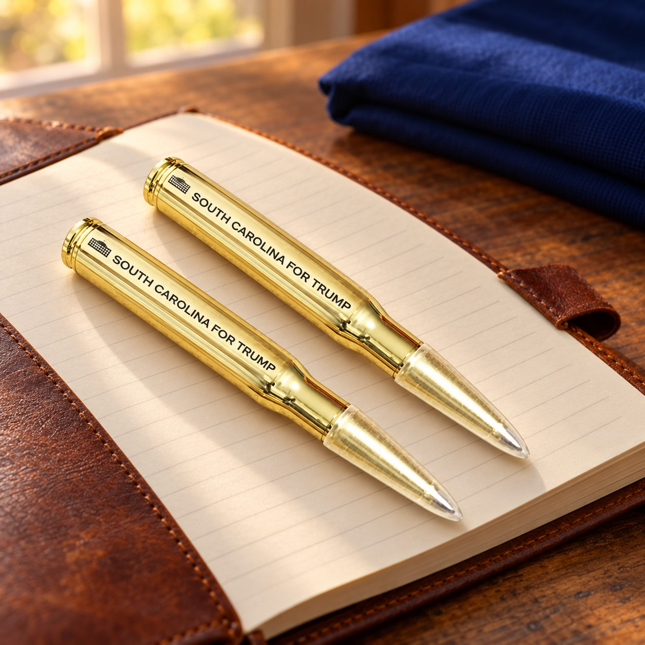 South Carolina bullet pen 2 pack on a leather notebook (lifestyle)