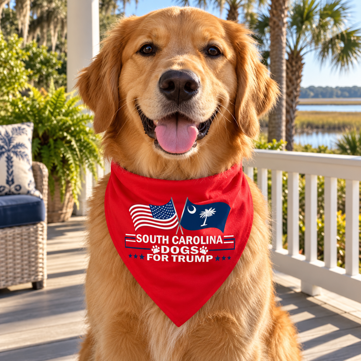 Golden retriever wearing the South Carolina dog bandana on a porch (lifestyle)