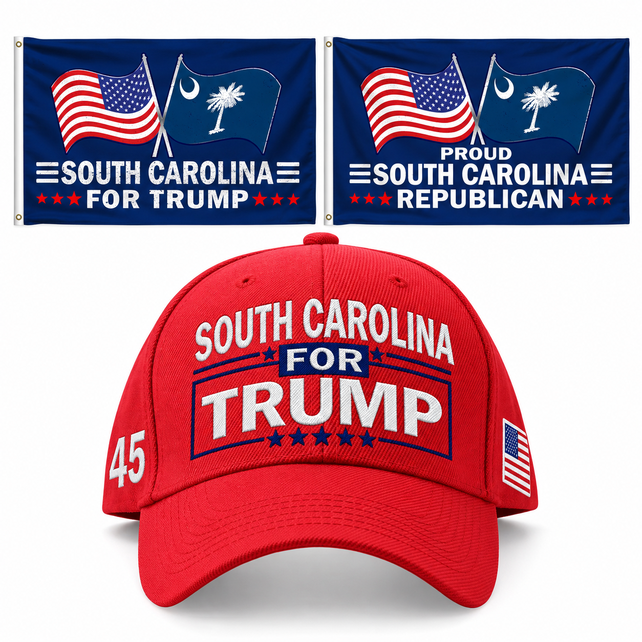 South Carolina Hat + 2 Flags Bundle: embroidered red South Carolina hat, South Carolina 3x5 flag and Proud South Carolina Republican 3x5 flag