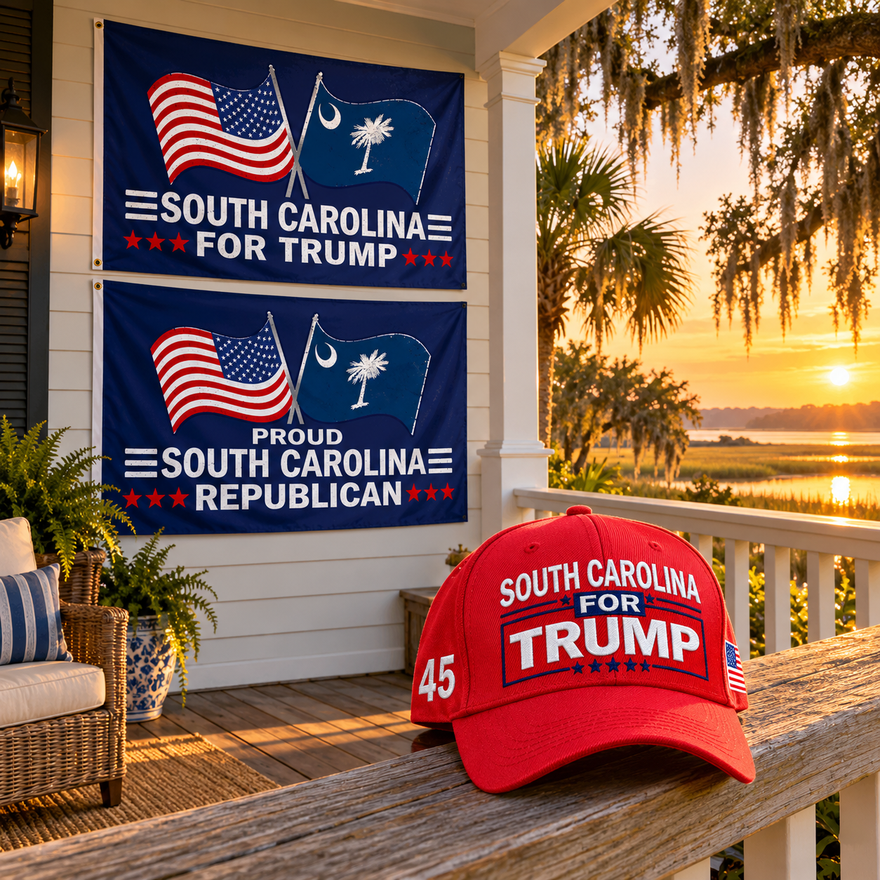 South Carolina hat and two South Carolina flags on a porch at sunset (lifestyle)
