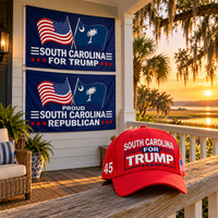South Carolina hat and two South Carolina flags on a porch at sunset (lifestyle)