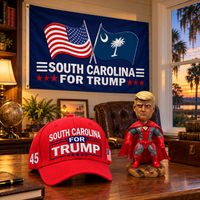 South Carolina flag on a den wall with the red South Carolina hat and superhero bobblehead on a desk (lifestyle)
