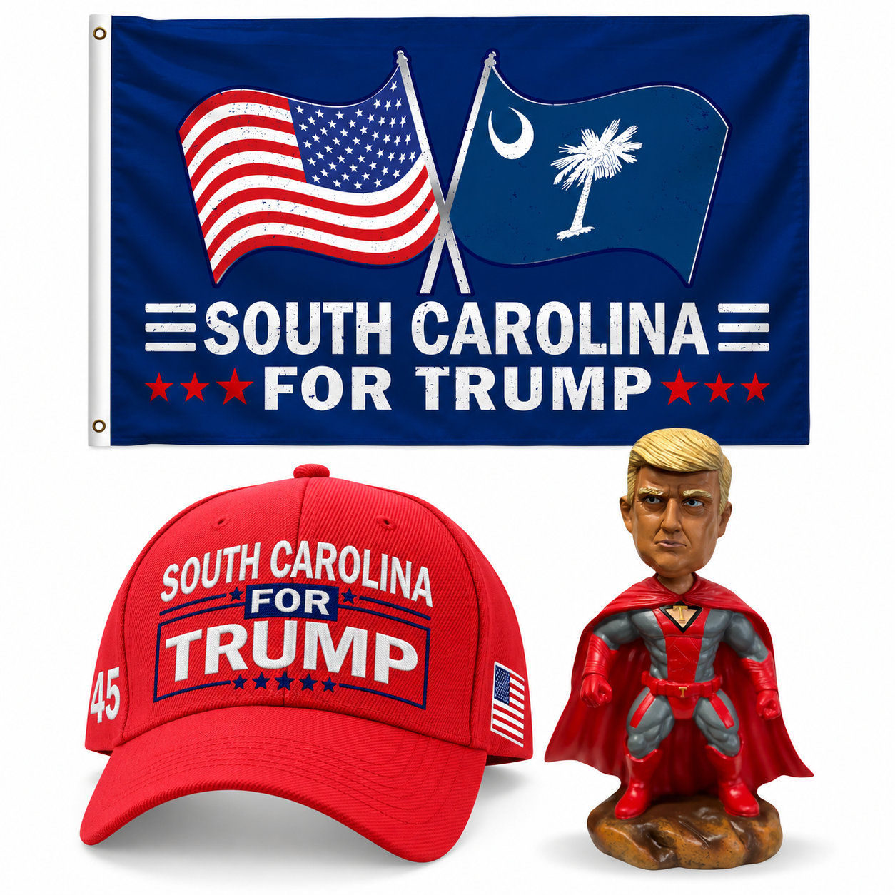 South Carolina Patriot Bundle: South Carolina 3x5 flag, embroidered red South Carolina hat and 8 inch superhero bobblehead