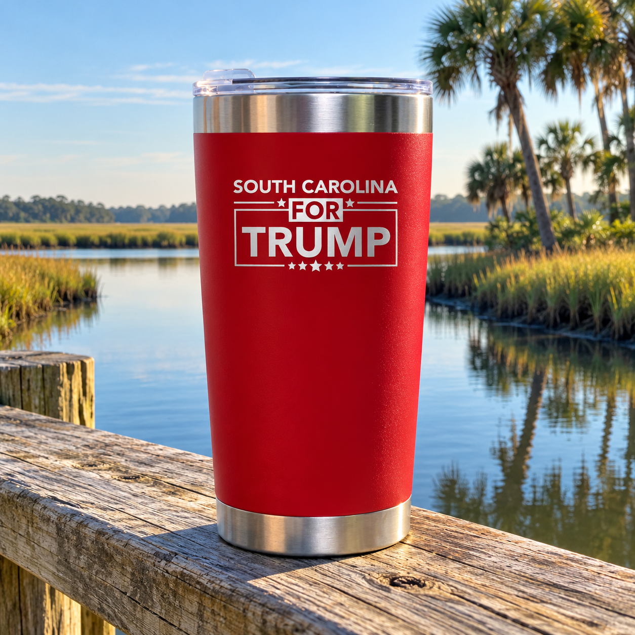 South Carolina red 20oz tumbler on a dock railing (lifestyle)
