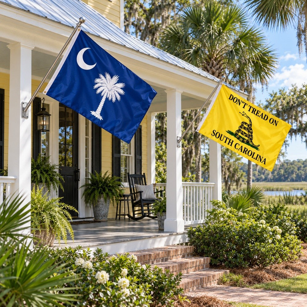 South Carolina State Flag and Don't Tread on South Carolina Flag 3x5 2-Pack displayed outdoors