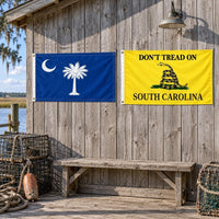 South Carolina State Flag and Don't Tread on South Carolina Flag 3x5 2-Pack displayed outdoors