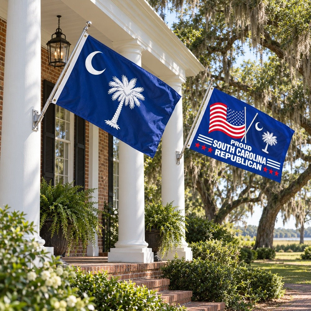 South Carolina State Flag and Proud South Carolina Republican Flag 3x5 2-Pack displayed outdoors
