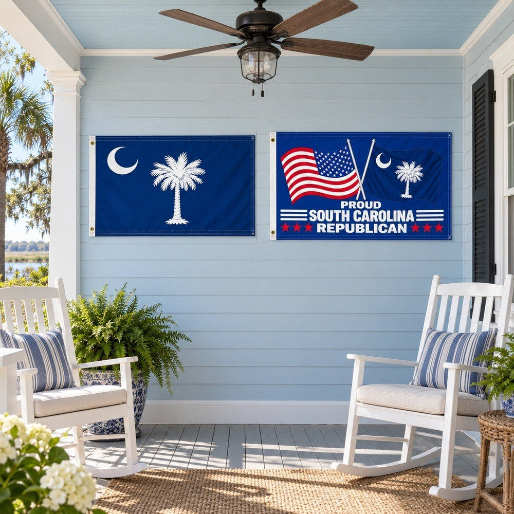 South Carolina State Flag and Proud South Carolina Republican Flag 3x5 2-Pack displayed outdoors