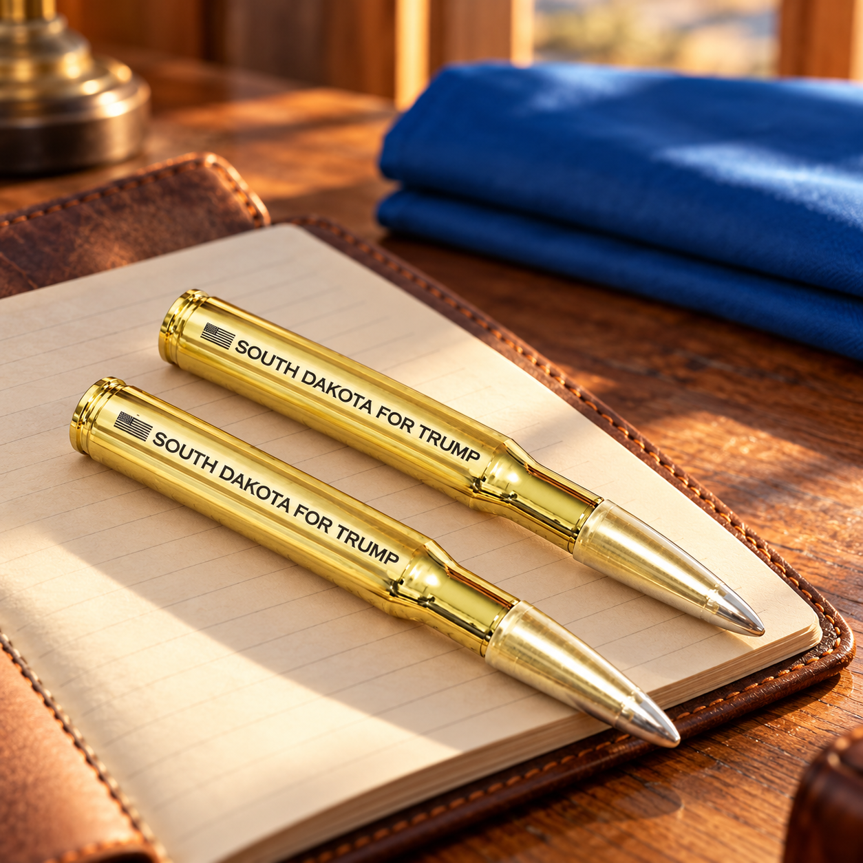 South Dakota bullet pen 2 pack on a leather notebook (lifestyle)