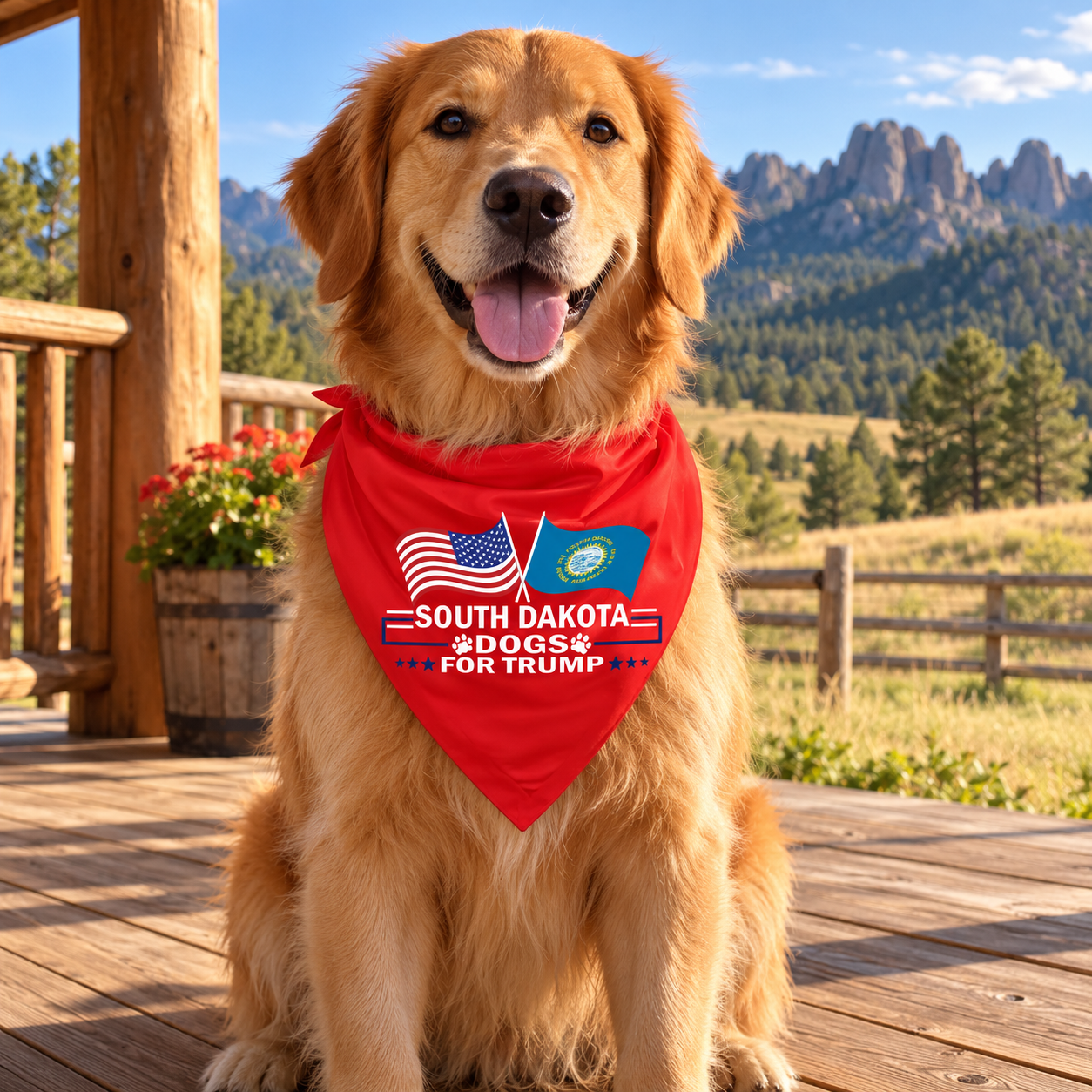 Golden retriever wearing the South Dakota dog bandana on a porch (lifestyle)