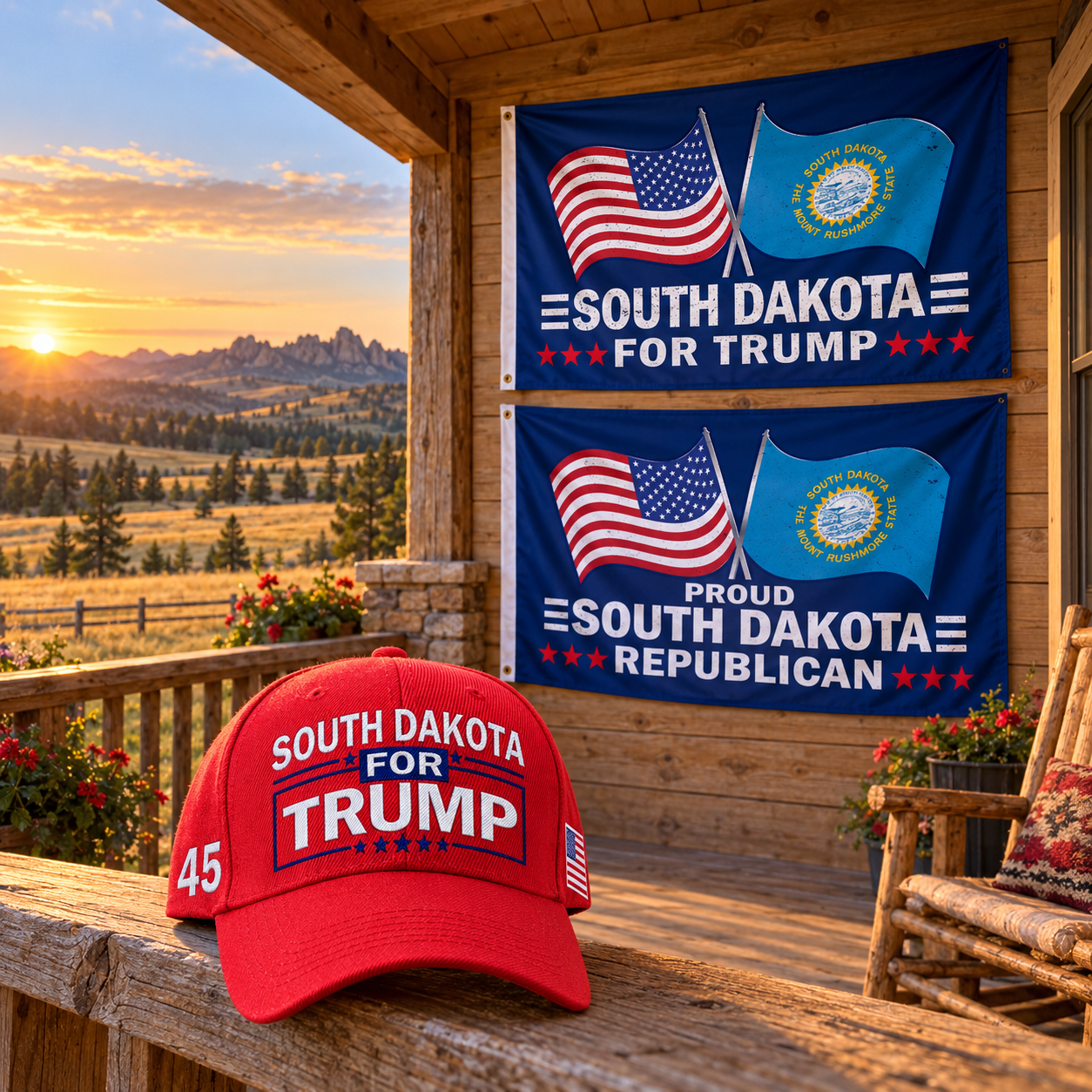 South Dakota hat and two South Dakota flags on a porch at sunset (lifestyle)