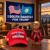 South Dakota flag on a den wall with the red South Dakota hat and superhero bobblehead on a desk (lifestyle)