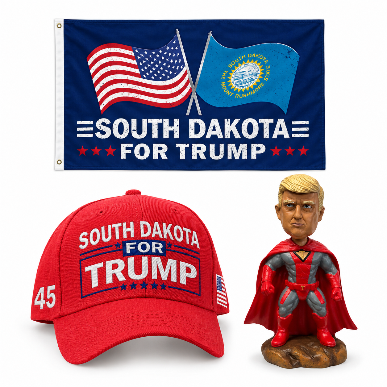South Dakota Patriot Bundle: South Dakota 3x5 flag, embroidered red South Dakota hat and 8 inch superhero bobblehead