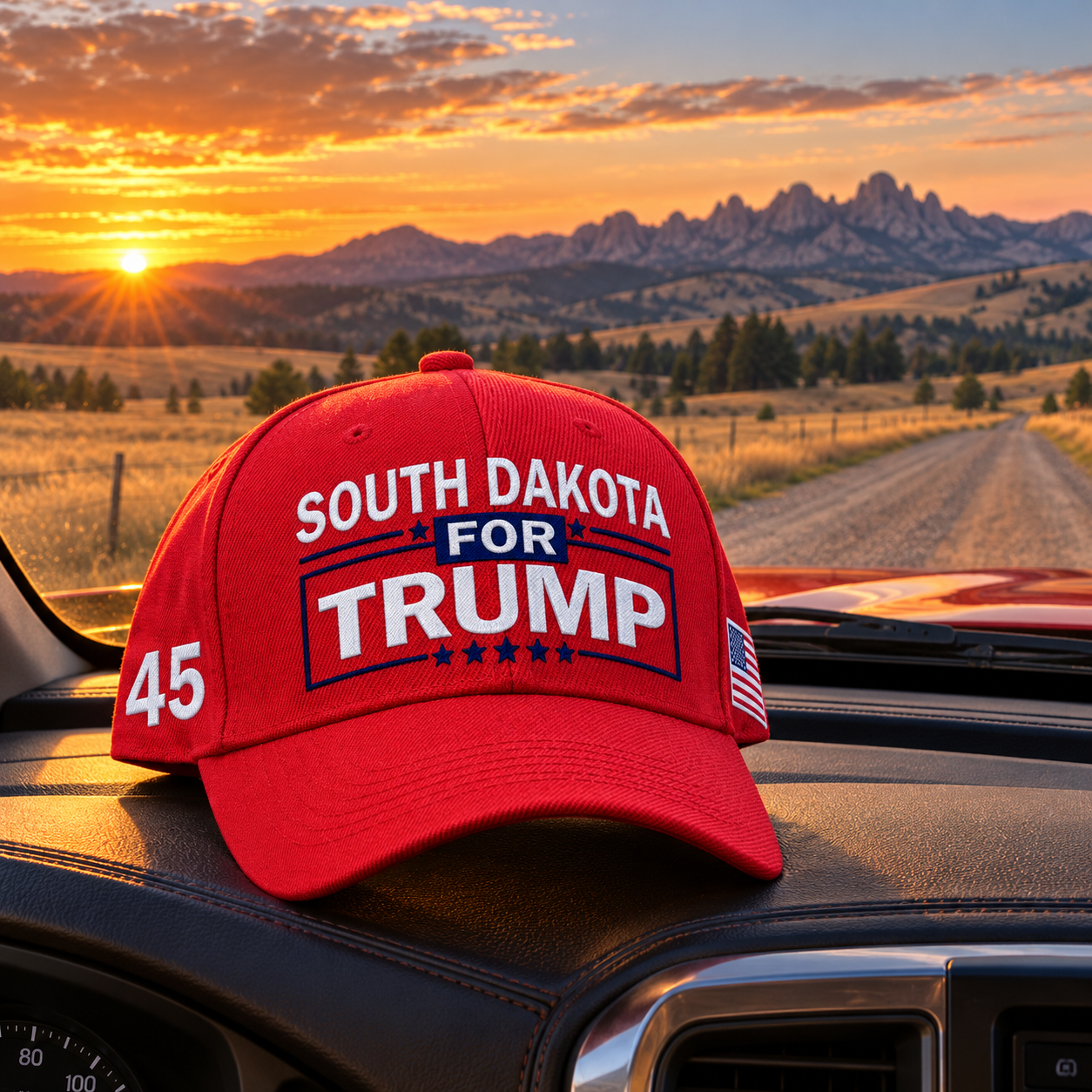 South Dakota embroidered red hat on a truck dashboard at sunset (lifestyle)