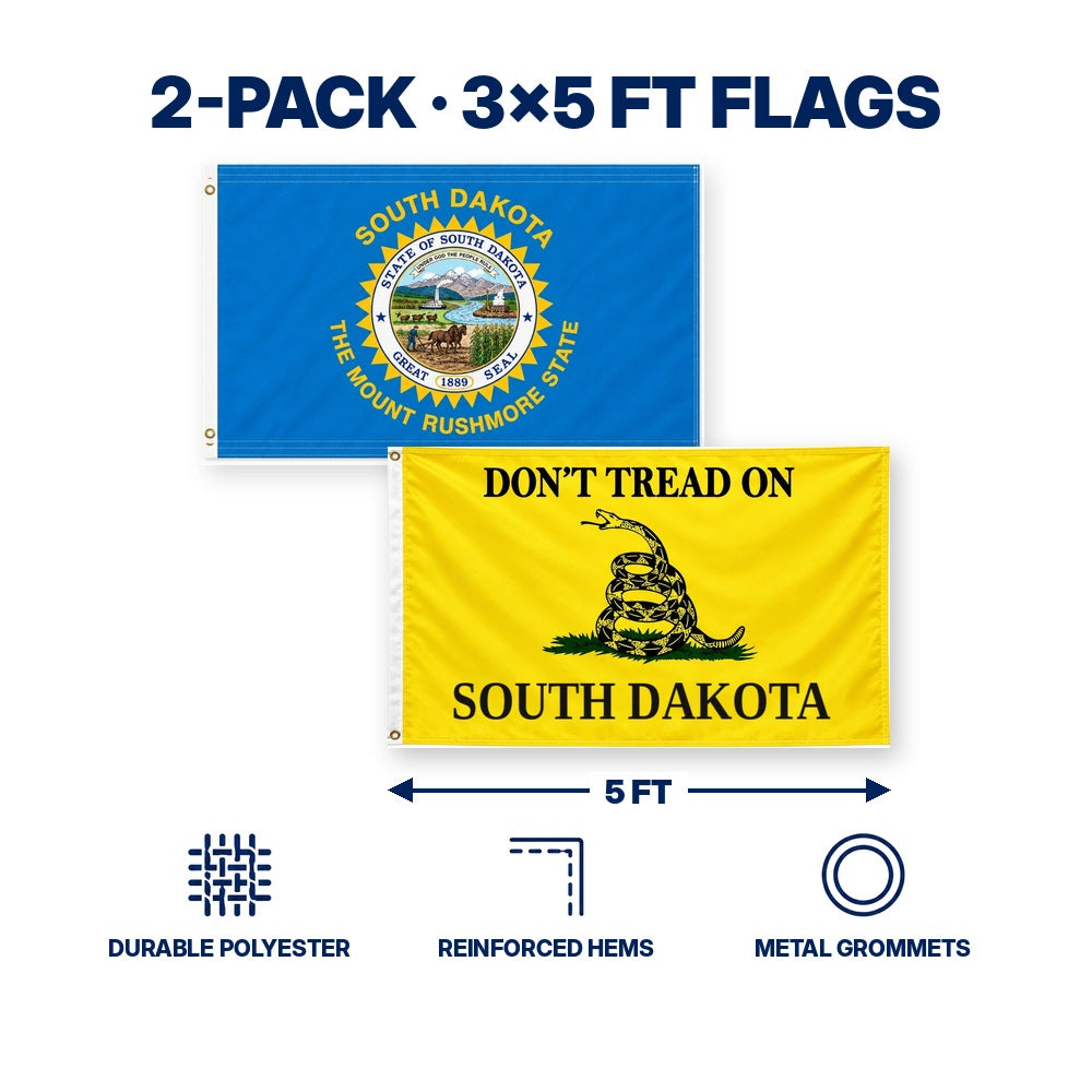 South Dakota State Flag and Don't Tread on South Dakota Flag 3x5 2-Pack features and size details