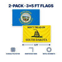 South Dakota State Flag and Don't Tread on South Dakota Flag 3x5 2-Pack features and size details