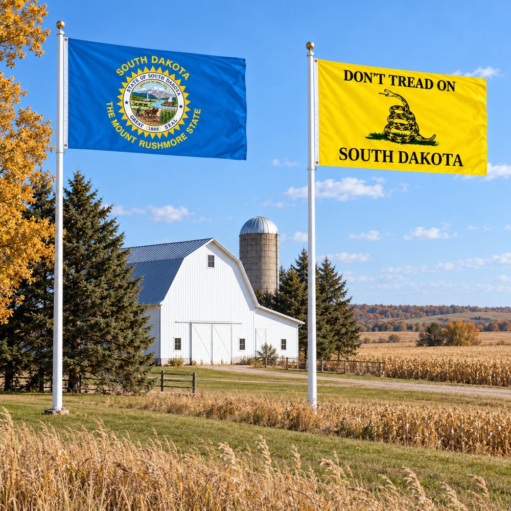 South Dakota State Flag and Don't Tread on South Dakota Flag 3x5 2-Pack displayed outdoors