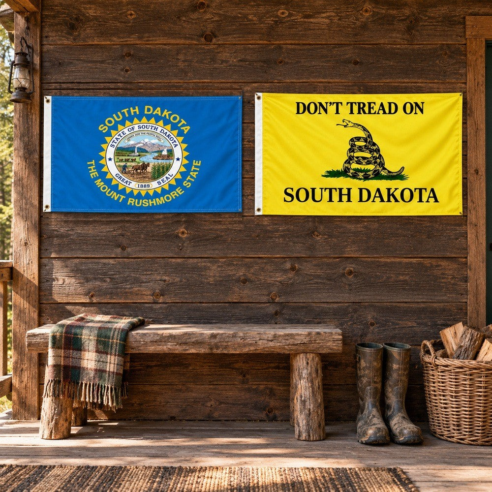 South Dakota State Flag and Don't Tread on South Dakota Flag 3x5 2-Pack displayed outdoors