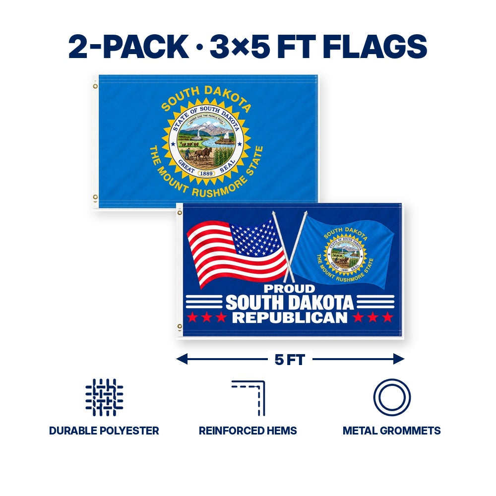 South Dakota State Flag and Proud South Dakota Republican Flag 3x5 2-Pack features and size details