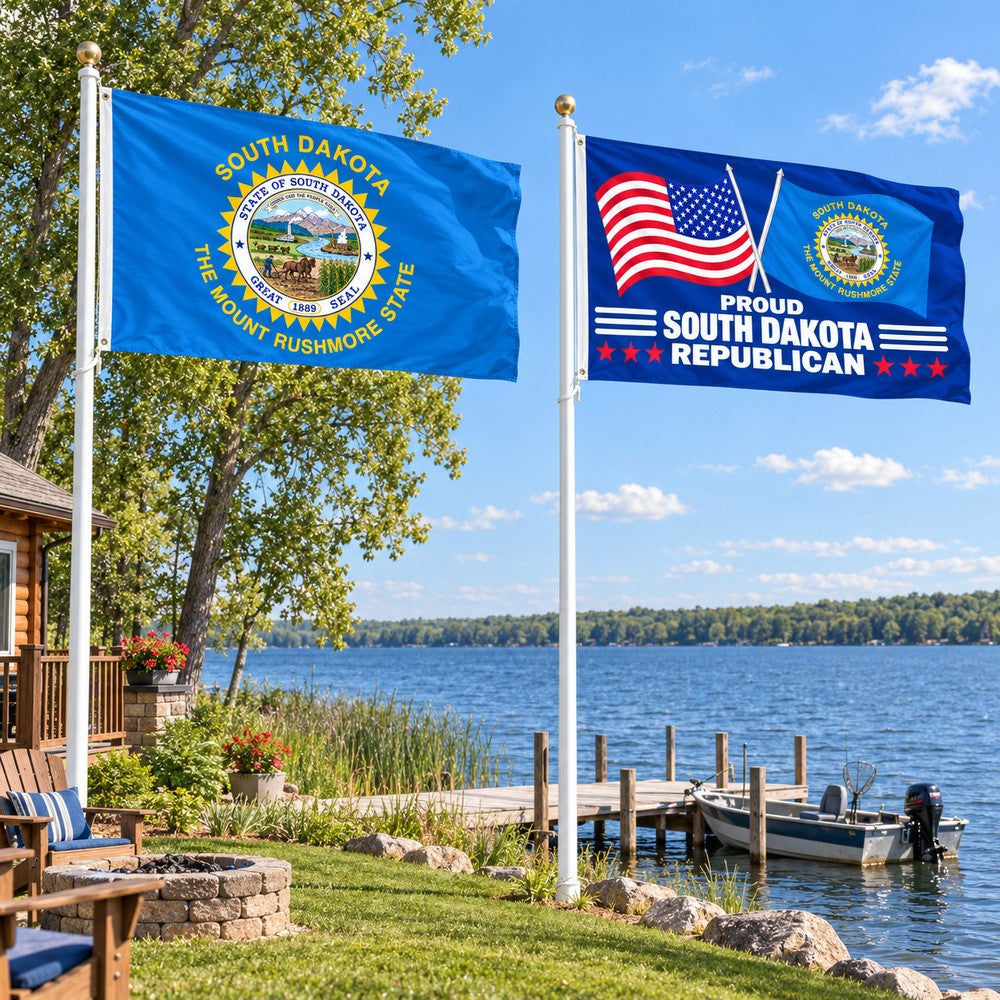 South Dakota State Flag and Proud South Dakota Republican Flag 3x5 2-Pack displayed outdoors
