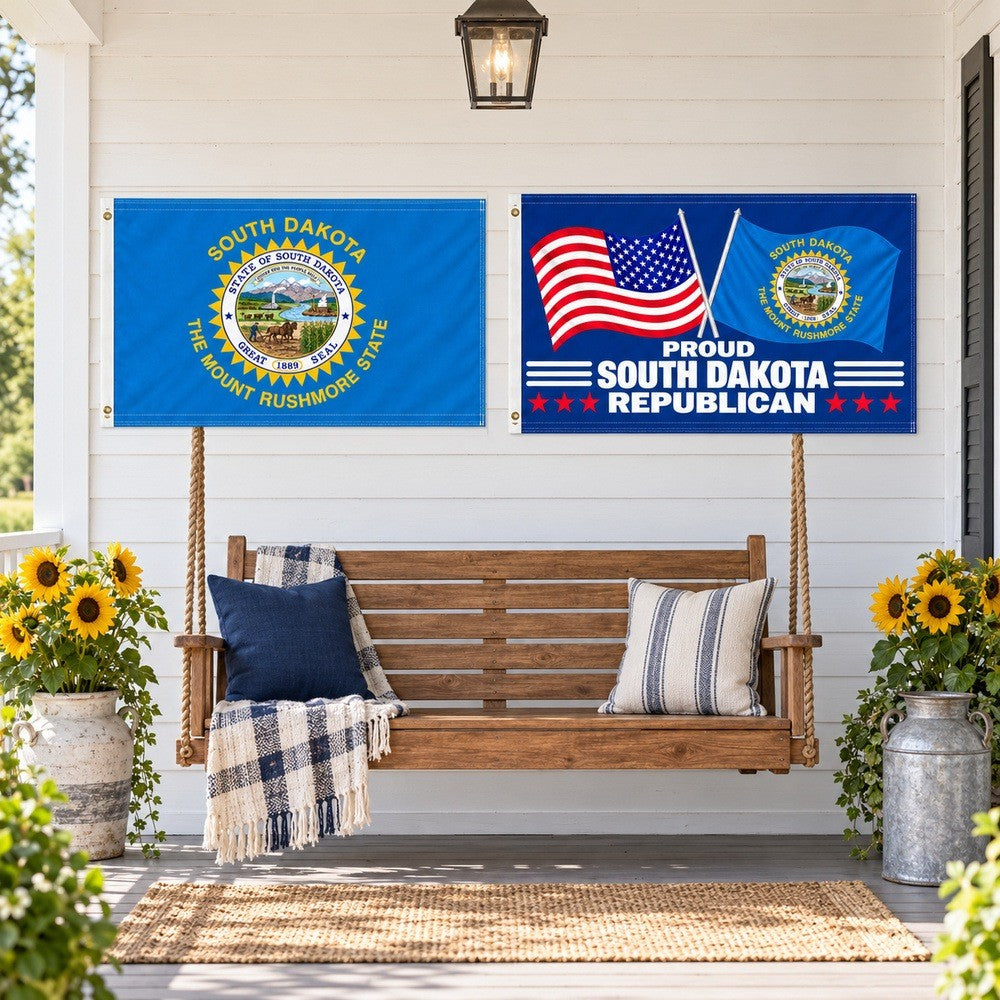 South Dakota State Flag and Proud South Dakota Republican Flag 3x5 2-Pack displayed outdoors