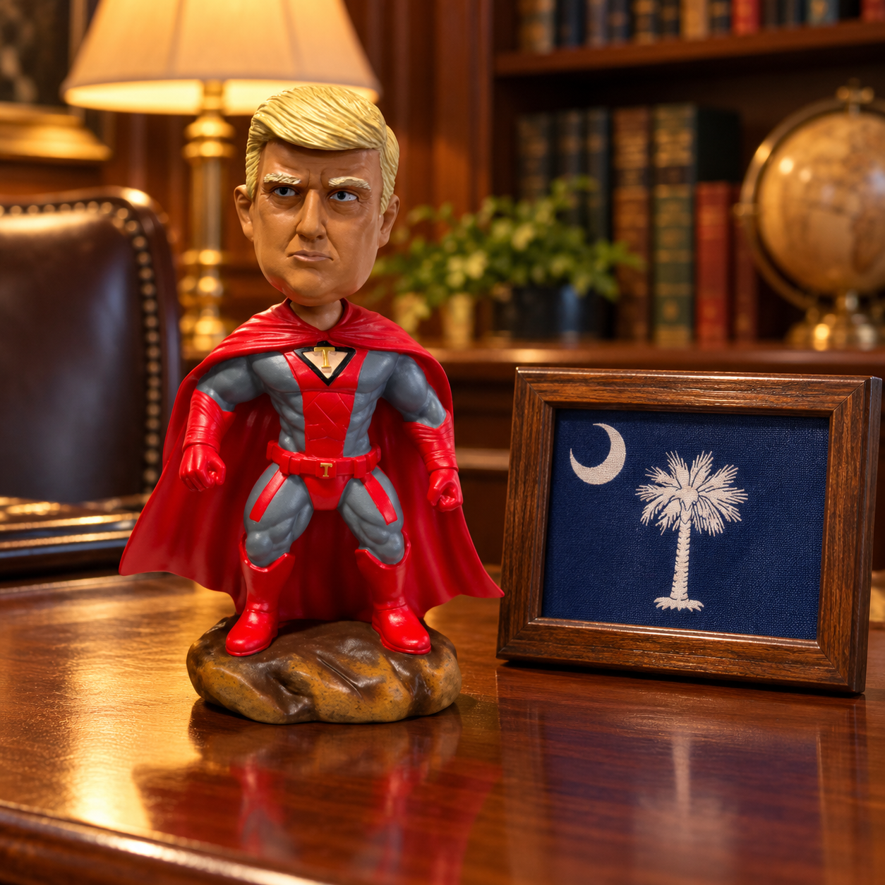 Superhero Patriot bobblehead on an office desk next to a framed South Carolina flag (lifestyle)