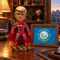 Superhero Patriot bobblehead on an office desk next to a framed South Dakota flag (lifestyle)