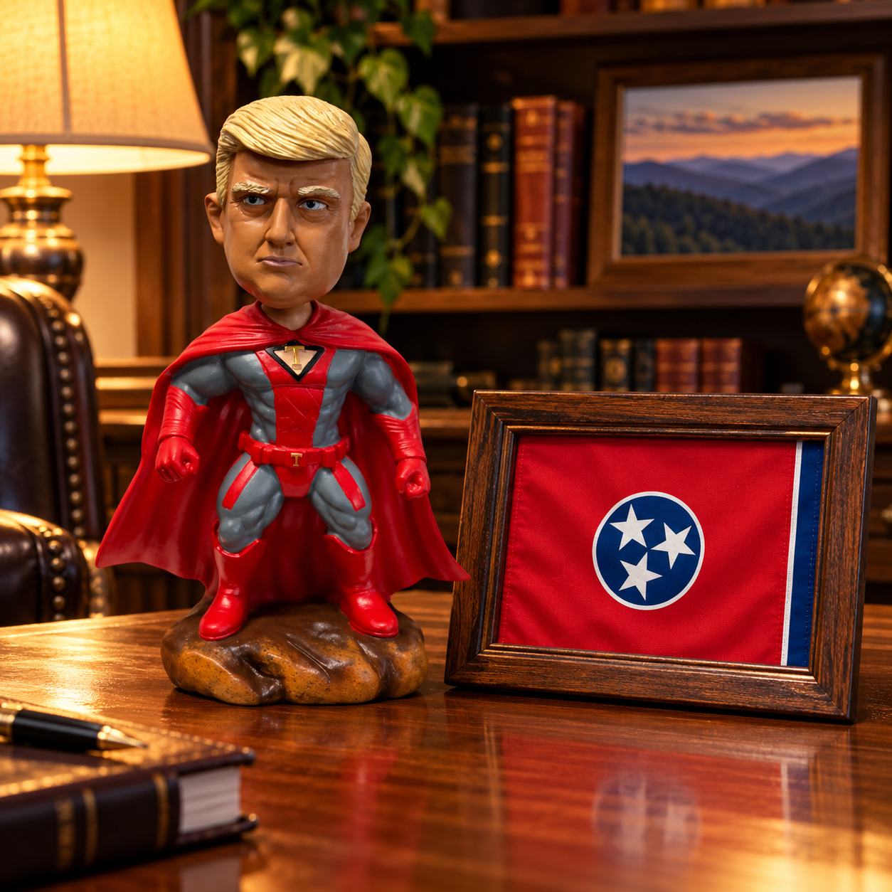 Superhero Patriot bobblehead on an office desk next to a framed Tennessee flag (lifestyle)