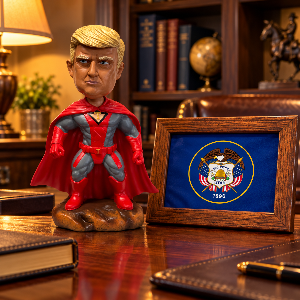 Superhero Patriot bobblehead on an office desk next to a framed Utah flag (lifestyle)