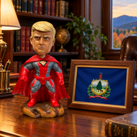 Superhero Patriot bobblehead on an office desk next to a framed Vermont flag (lifestyle)