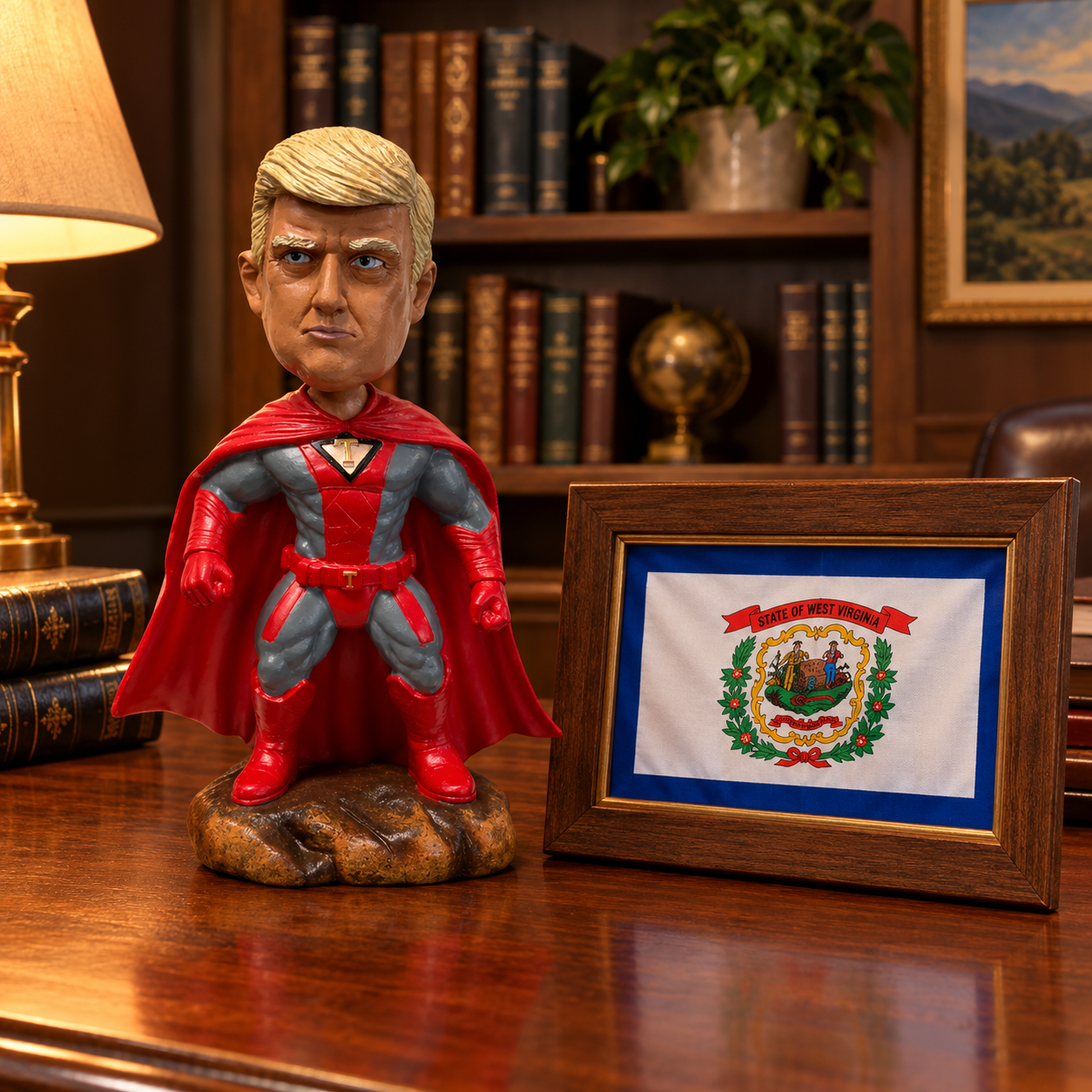 Superhero Patriot bobblehead on an office desk next to a framed West Virginia flag (lifestyle)