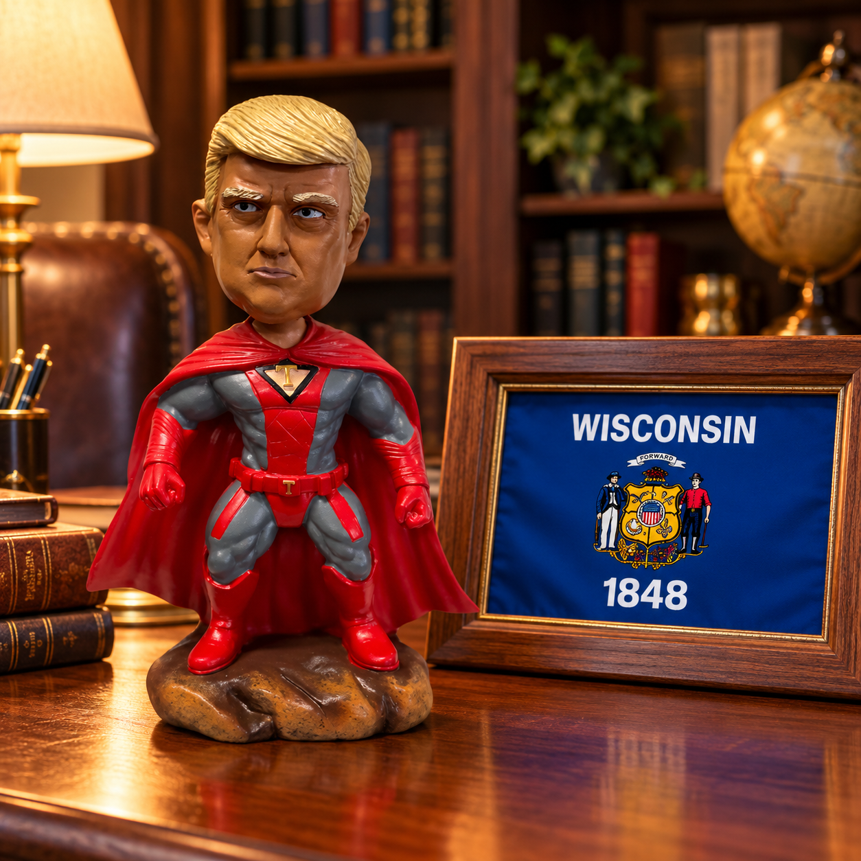 Superhero Patriot bobblehead on an office desk next to a framed Wisconsin flag (lifestyle)