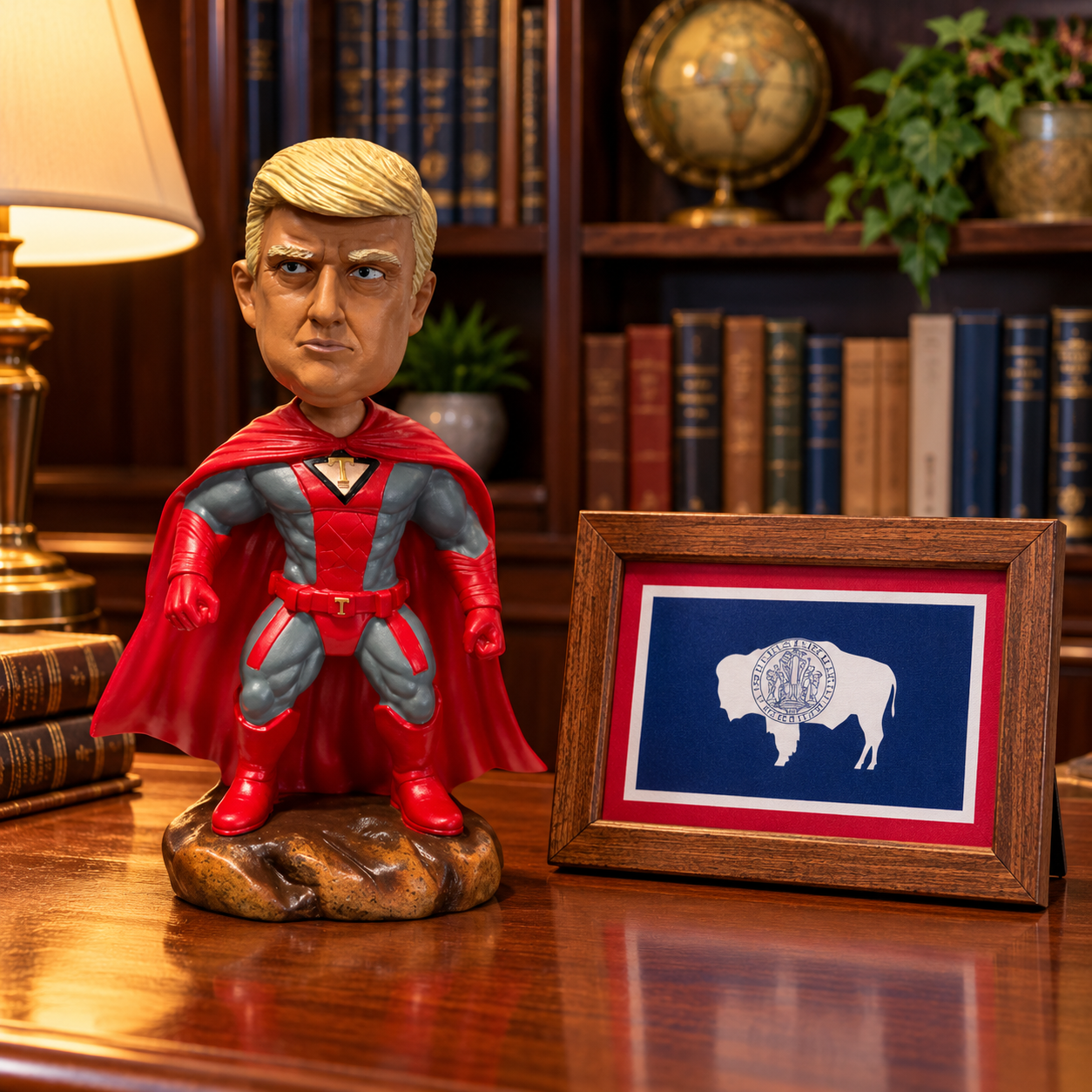 Superhero Patriot bobblehead on an office desk next to a framed Wyoming flag (lifestyle)