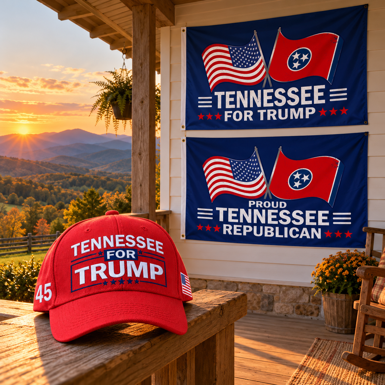 Tennessee hat and two Tennessee flags on a porch at sunset (lifestyle)