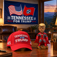 Tennessee flag on a den wall with the red Tennessee hat and superhero bobblehead on a desk (lifestyle)