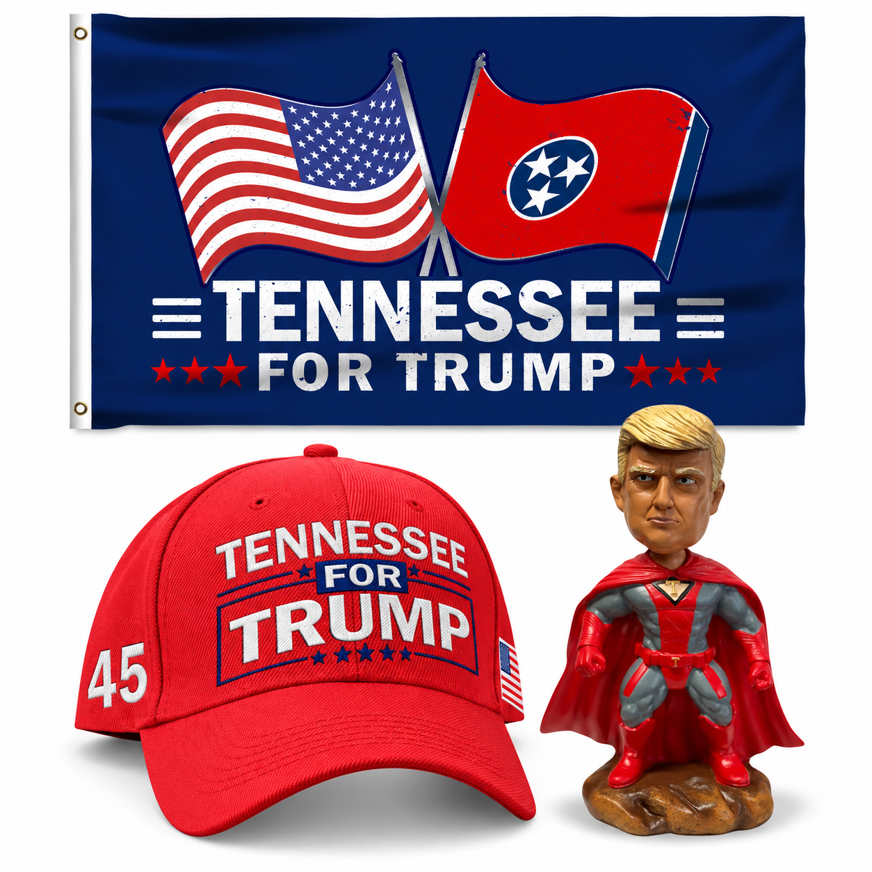 Tennessee Patriot Bundle: Tennessee 3x5 flag, embroidered red Tennessee hat and 8 inch superhero bobblehead