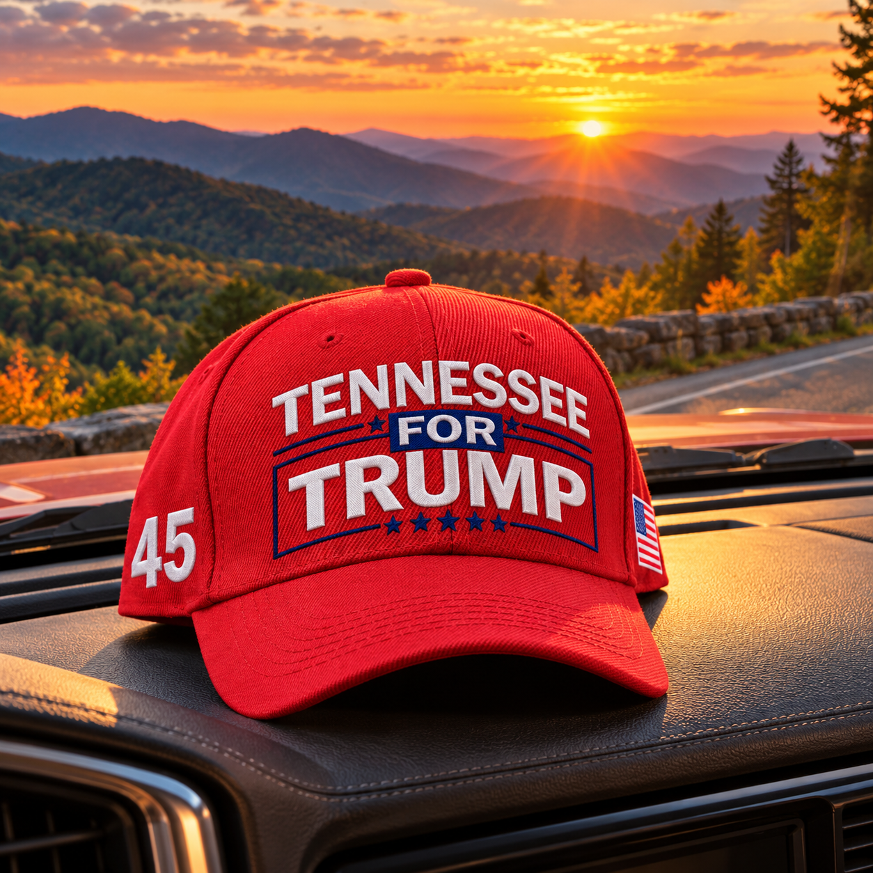 Tennessee embroidered red hat on a truck dashboard at sunset (lifestyle)