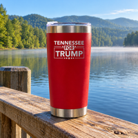 Tennessee red 20oz tumbler on a dock railing (lifestyle)