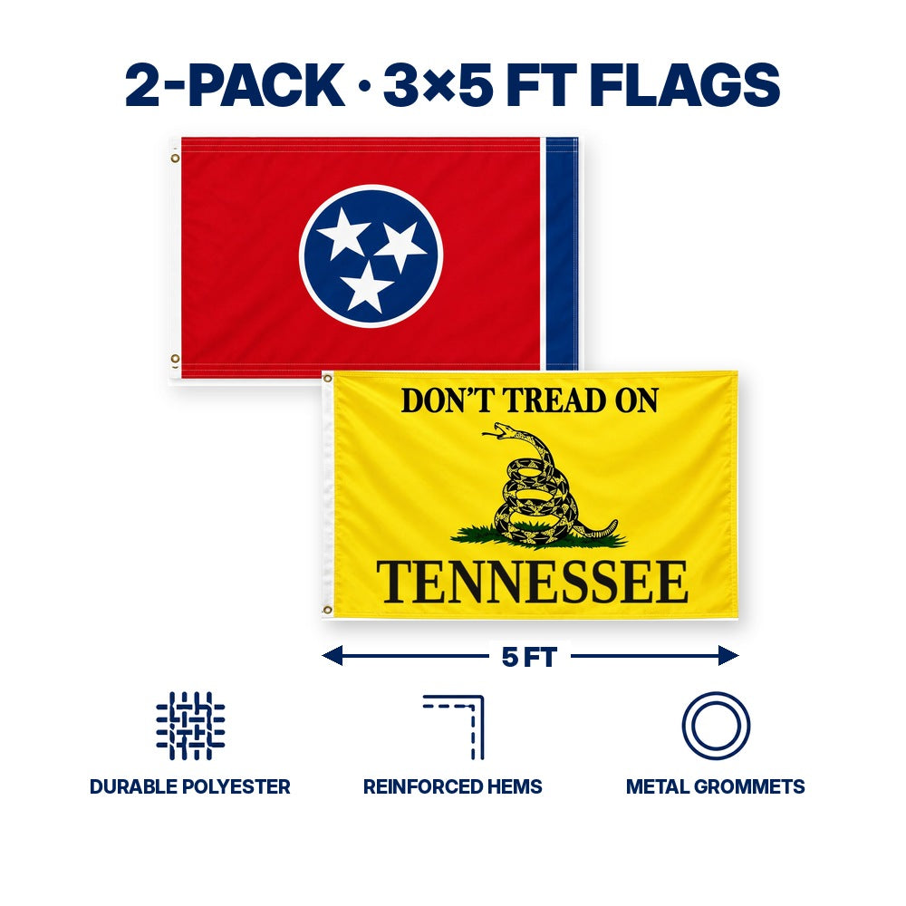 Tennessee State Flag and Don't Tread on Tennessee Flag 3x5 2-Pack features and size details
