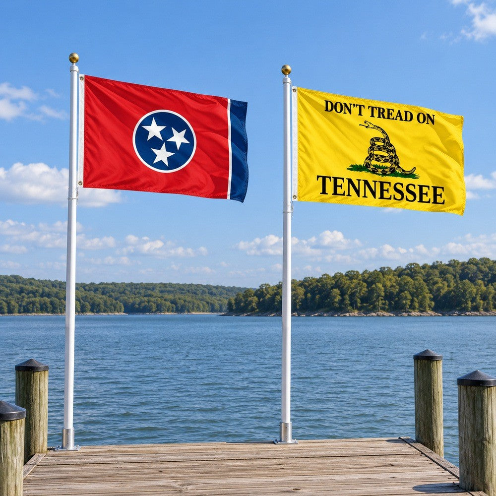Tennessee State Flag and Don't Tread on Tennessee Flag 3x5 2-Pack displayed outdoors