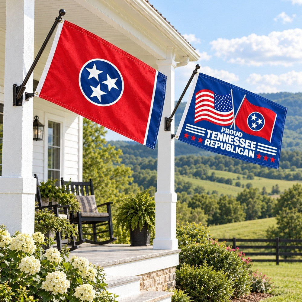 Tennessee State Flag and Proud Tennessee Republican Flag 3x5 2-Pack displayed outdoors